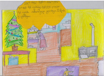 Zakończenie warsztatów dla dzieci ze świetlicy środowiskowej Iavnana w Lanczchuti. W grudniu przeprowadziłyśmy z podopiecznymi warsztaty na temat trzech głównych religii. Dzieci miały za zadanie narysować prace o tym, jak spędzają święta. Na zdjęciach rys